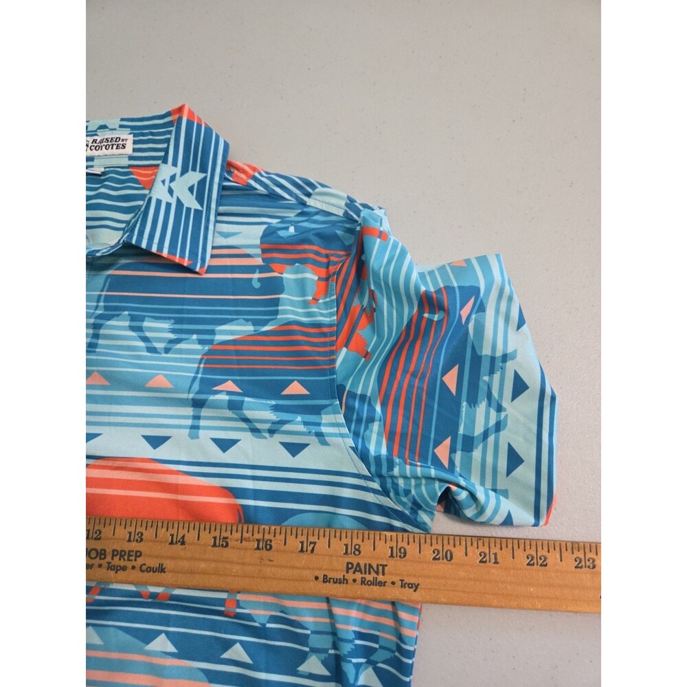 Raised By Coyotes Polo Mens small Caprock Buffalo Arizona Tribal Blue Orange - Picture 4 of 7